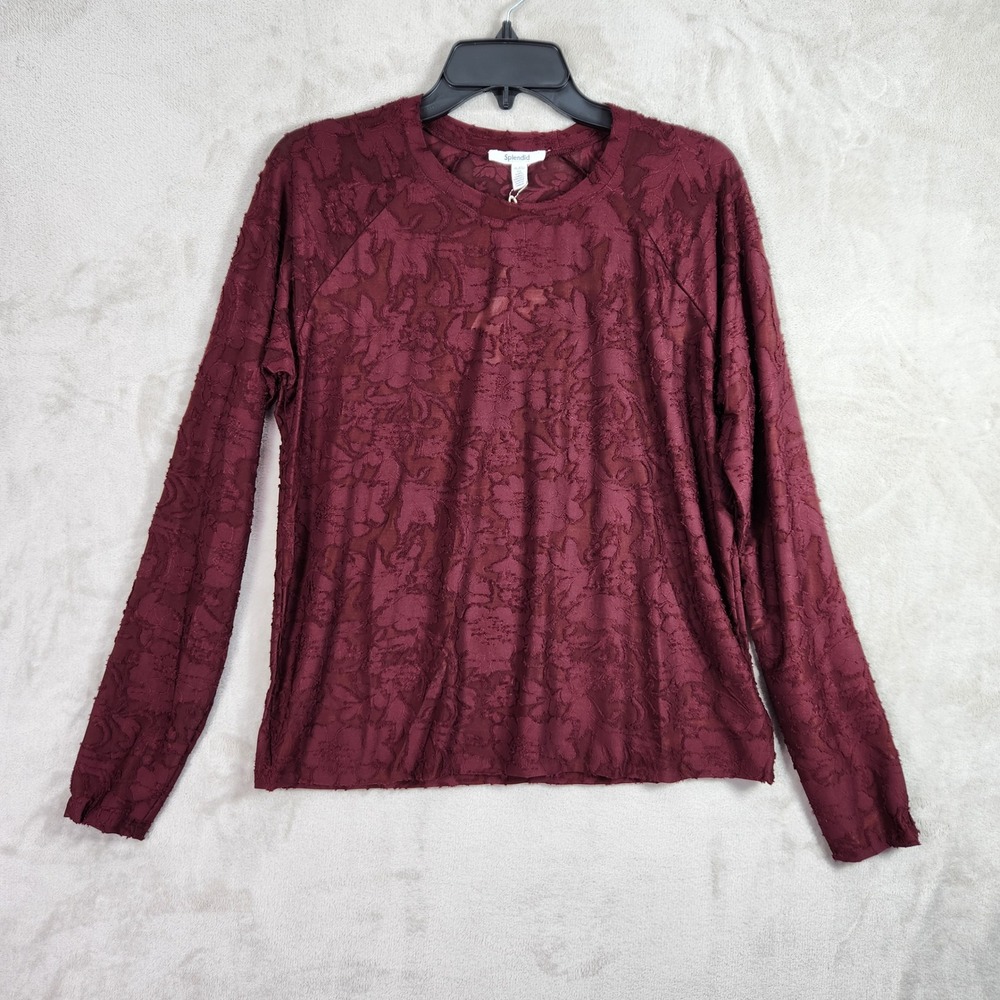 Splendid Top Women XL Burgundy Textured Burnout Floral Long Sleeve Raglan Boho